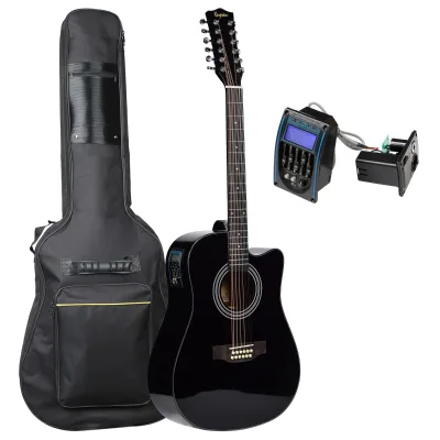 12 String Guitar Black Acoustic Electric Guitar with KLT-17A Pickups and Padded Bag