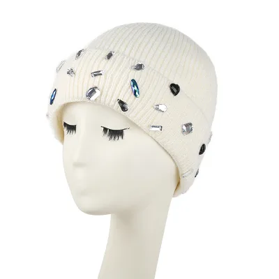Wholesale Custom Muti-Color Acrylic Beanie Crystal Knitted Hat Rhinestone Beanie Hats Streetwear Winter Hats for Women