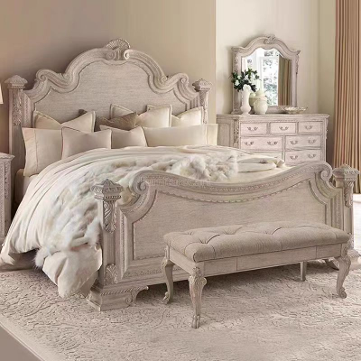 Antique Style Modern King Beds Neoclassical Solid Wood Light Luxury Cream Wind Princess Bed Style Queen-Size Upholstered Bed