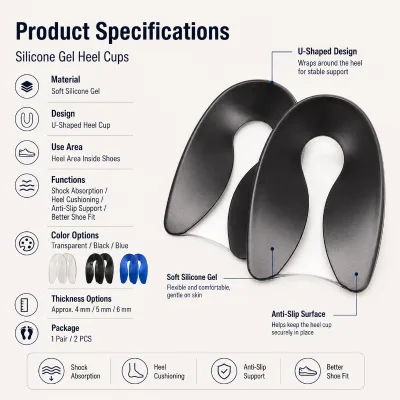 Women U Shape Silicone Gel Heel Cups Shock Absorption Support Anti Slip 3 Thickness 4mm 5mm 6mm Sneakers Flats OEM Bulk