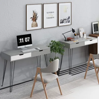 Fashion Popular Elegant Grey Adjustable Convertible Computer Table Sleek Contrast Drawer Panel Space Saving Hairpin Leg Writing