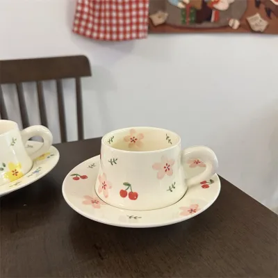 Hand Painted Ceramic Coffee Cup and Saucer, High Tea Dessert Plate, Handmade Coffee Mug Set
