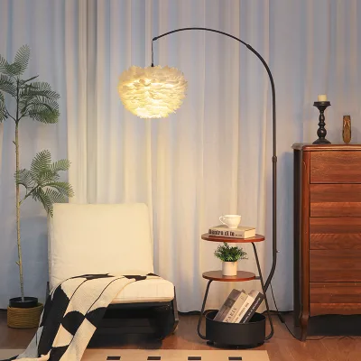 Luxury Floor Lamp with Shelves , Feather  Lamp Shade, Vintage Design for Bedroom and Office  Atmosphere Lighting