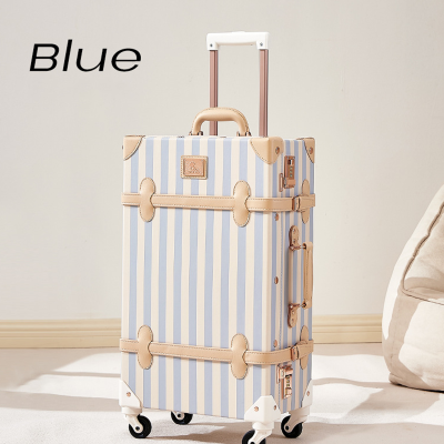 New Design Striped Vintage Hand Luggage Customize Pu Leather Girls Travel Suitcase Carry on Luggage with Lock and Buckle