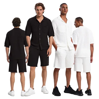 Custom Logo Short Sleeve Cardigan Top Crochet Shirt Wholesale Custom Shirts Summer Short Set for Men