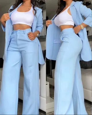 Plus XXXL Size 2024 Autumn Style Women's Elegant Solid Color Split Sleeve Lapel Suit Pocket Straight Pants Suit Two Piece Sets