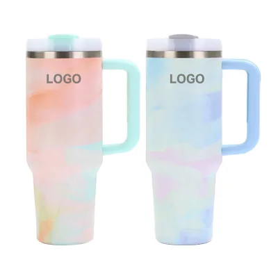 Popular Custom Tie-Dye Printing 40oz 304 Stainless Steel Vacuum Insulated Travel Coffee Tumbler Handle Straw 6-12 Hours Thermal