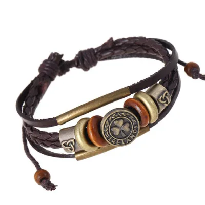 New manufacturers direct wear bead leather woven bracelet vintage cowhide bracelet