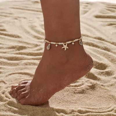 Waterproof Bohemian Elastic Anklet with Starfish Shell and Turquoise Beads Dainty Seashell Jewelry for Women