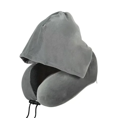 U-shaped Hooded Travel Pillow with Light Blocking Detachable Neck Support Portable Nap Design 360 Neck Support