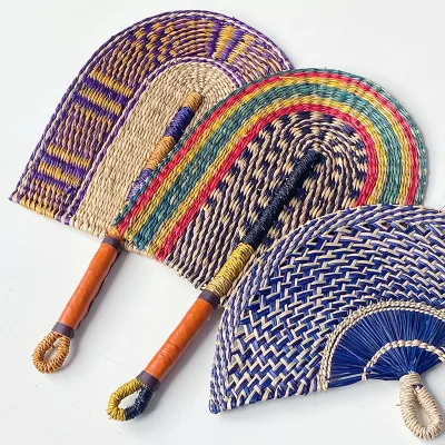 Vietnamese Fan-Shaped Multicolor Woven Straw African Element Handmade Decorative Woven Straw Hand Fan Wall Fan