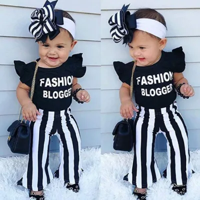 Stripe Pants Kids Girls Cotton Short Sleeve Set Girls Summer Cotton Printed Striped Bottoms Baby Two Piece Sets Outfits