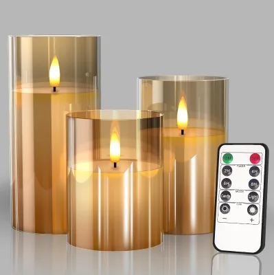 3 Pcs Set Grey Amber Glass Battery Christmas Flickering Flameless Function Home Decor Led Wax Candles Glass Jar