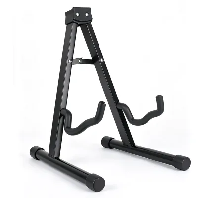 Compact Portable Foldable Metal A-Frame Guitar Floor Stand with Music Stand Stable Durable Instrument Accessory
