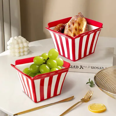 French Fry Bowl Tableware Snack Bowl Fruit Plate High Temperature Resistant Underglaze Color 6-Inch Salad Bowl Popcorn Bowl