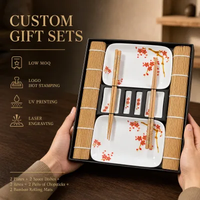 Custom Logo Plum Blossom Sushi Mat Set Bamboo Rolling Mats Ceramic Plate Chopsticks Gift Box OEM