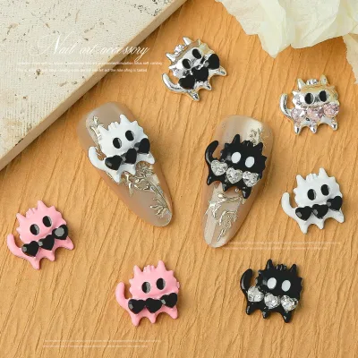 Cartoon Pink white black Cat heart nail Charms Heart Crystal Animal Alloy Pendant  Nails Decoration Supplies Parts