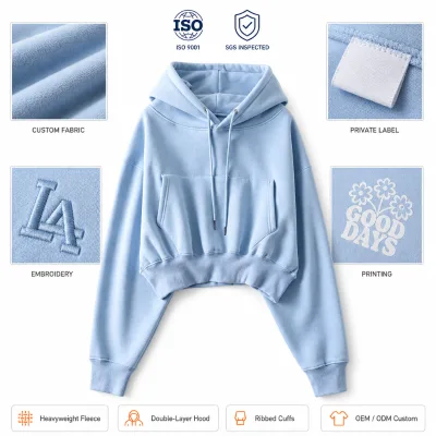 Cropped Embroidered Winter Hoodie Women Oversized Fleece Hooded Sweatshirt Double Layer Hood Drop Shoulder Casual Pullover Crop