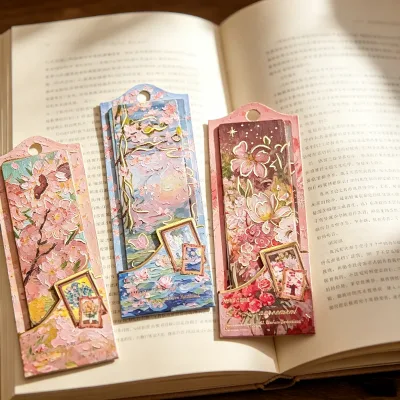 Wholesale Custom Printed Oil Painting Scenery Paper Bookmark Gold Foil Embossed Monet Floral Forest Book Marker