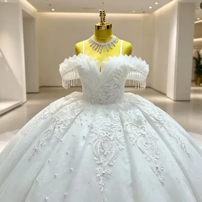 Tassel Short Sleeves Princess Wedding Ballgown Pleated Off Shoulder Heavy Lace Beaded Voluminous Skirt Bridal Vestido De Novia