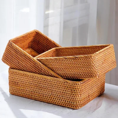 Bulk Shallow Wicker Handmade Woven Rectangular Rattan Nesting Bread Storage Baskets for Organizing, Serving, Kitchen, Home