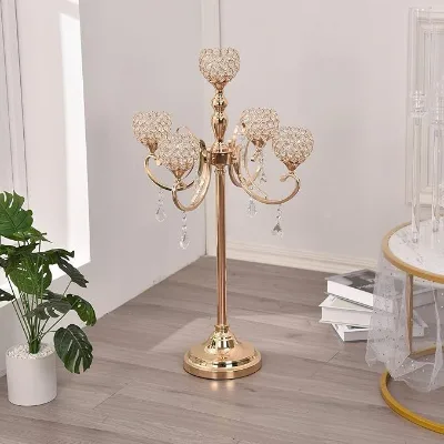 Metal Candelabra for Wedding Decoration Centre Piece Brass Gold Candelabra Diamond Beaded 5 Arms Votive Holder