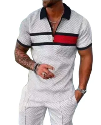 2024 Men's Summer New Striped Digital Printed Polo Casual Set