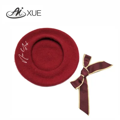 High Quality Custom Logo Red Casual Wool Embroidered Letter Spring Summer Daily Party Adjustable Outdoor Beret Hat for Women