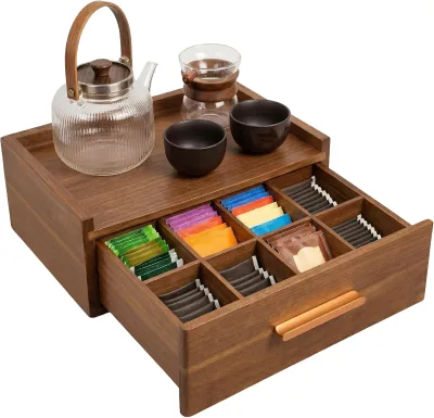 Acacia Wood Tea Bag Organizer with Drawer, Tea Organizers and Storage Box, Wooden Tea Box Caddy Station Chest, 80+ Tea Bags