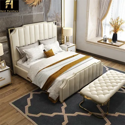 Fashion Design High Quality Solid Wooden Fabric Double Bed King Size Hotel Bedroom Leather Bed