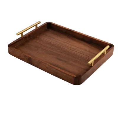 Natural Walnut Wood Eco-Friendly Japandi Design Serving Tray with Gold Handles for Party Decor Tray