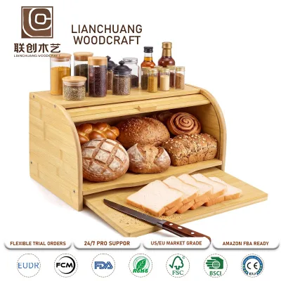 Large Bread Box Wooden Basket with Cutting Board, Bamboo Roll Top Bread Box for Storage Fruits Tea Spices Coffee
