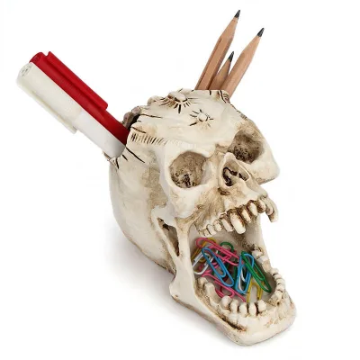 Factory Hot Sell Halloween Gift Human Skull Model Sculpture Polyresin Pen Holder Stand Resin Skull Pen Storage Box