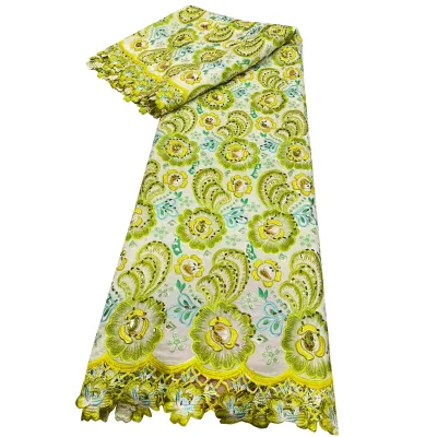 Yellow Green Soft Voile Chiffon Lace Fabric Big Flower Paisley Embroidery With Sequins West African Party Dress Lace Material