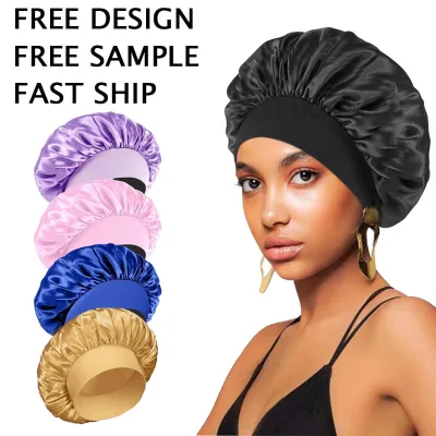 Custom Logo Solid Color Bonnet En Satin Wide Brim Headband Sleep Cap Adult Satin Hair protection Cap Elastic Silk Bonnet