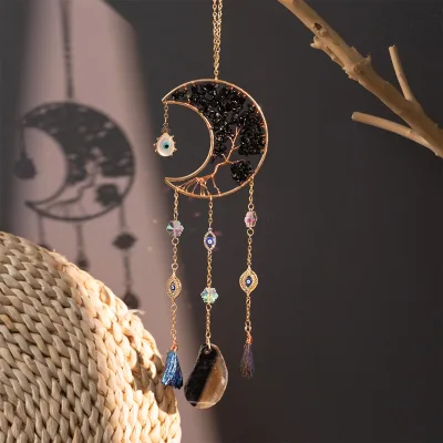 Natural 7 Chakra Tree of Life Agate Evil Eye Wind Chimes Crystal Suncatcher Dreamcatcher Hanging Ornament for Wall
