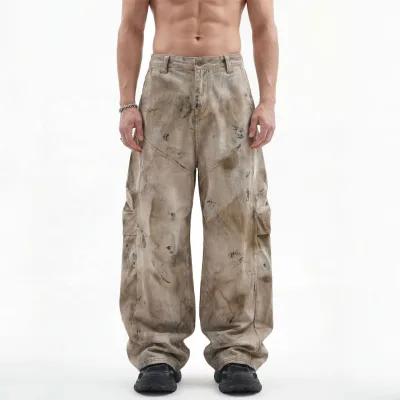 Wholesale New Design Camo Knee Pleated Jeans Dirty Wash West Coast Style Men Jeans Pants Trousers Men's Baggy Jeans Wholesale