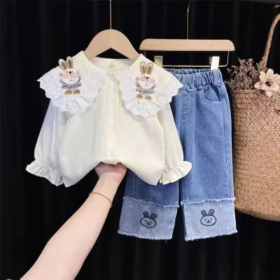 Girls' Casual Two-Piece Set Denim Wide Leg Pants and Rabbit Doll Shirt Spring and Autumn Collection