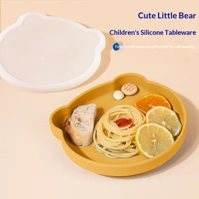 Silica Gel Animal Pattern Baby Food Divider Tray with Dust-Proof Lid Shatter-Resistant Children's Feeding Utensil Set