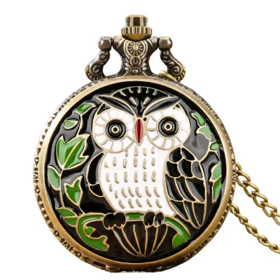 Owl Steampunk Quartz Pocket Watch with Chain-round Jewelry Accessories Animal Pendant Charm Necklace for Antique Gifts