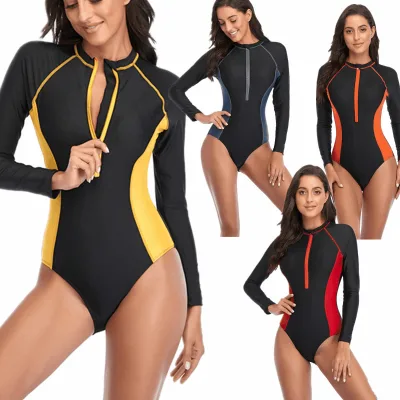 Women's Long Sleeve One-Piece Swimsuit Solid Color Patchwork Rash Guard for Surfing Wholesale Women's Rash Guard