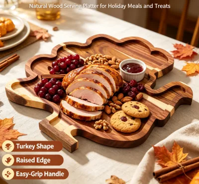 Turkey Shape Wooden Serving Platter 28.5x28x1.5cm Acacia Wood Thanksgiving Dinner Tray for Food