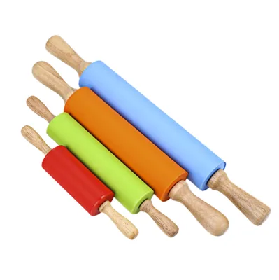 Wooden Handle Silicone Rolling Pin Dough Roller for Pizza Cookie with Wooden Handle and Non Stick Surface Rolling Pins