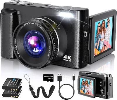 4K Digital Camera for Photography Autofocus, 2026 Latest 48MP Vlogging Camera for YouTube With SD Card, 2 Batteries, 3" 180.Flip