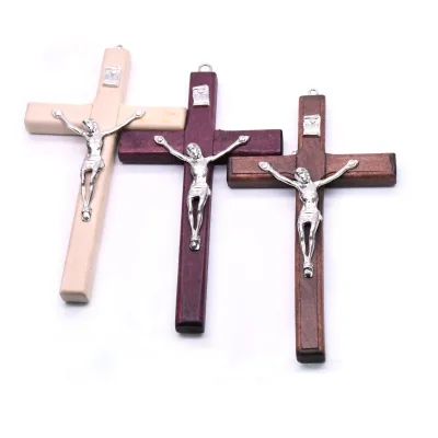 Wholesale Handmade Wine Red Wood Cross Religious Jesus Blessing Pendant Charms Crucifix with Engraving