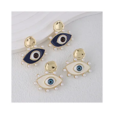 Devil's Eye Enamel Blue Eye Earrings Temperament Drip Oil Eye Earrings with Pearl for Women