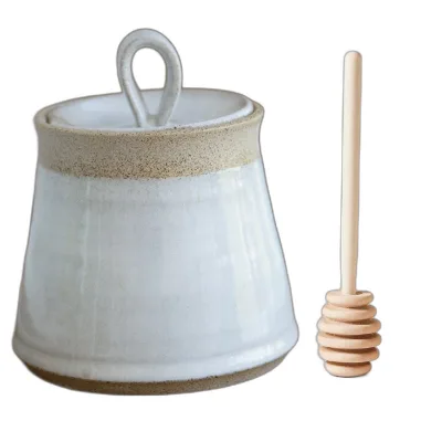 White Honey Pot with Dipper, Pottery Dish