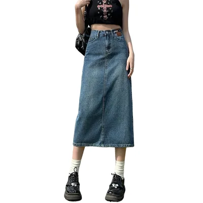 Simple All-in-one Mid-length Denim Skirt with Split Back