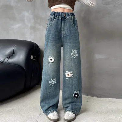 Foreign Trade Children's Spring Autumn Denim Pants Wholesale Big Girls Sweet Flower Elastic Waist Softening Treatment