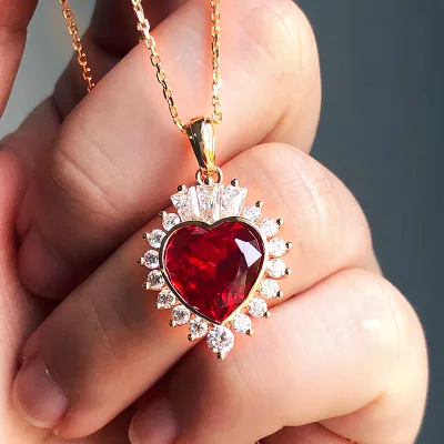 5carat Lab Red Ruby Gemstone Necklace with 18" Chain Heart Cut Diamond 14k Yellow Women Wedding Necklace